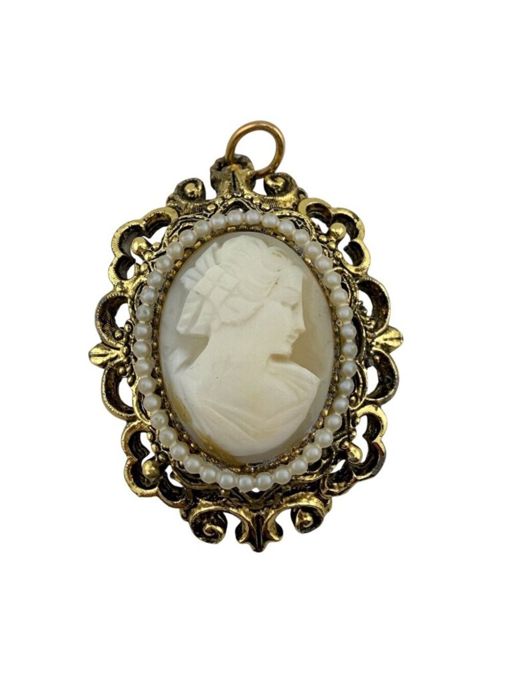 Vintage Gold Filigree Cameo Pendant With Pearls & Cream Lady Profile